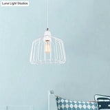 White Metallic Pendulum Light - Minimalist Cage Shade Bedroom Hanging Lamp Kit
