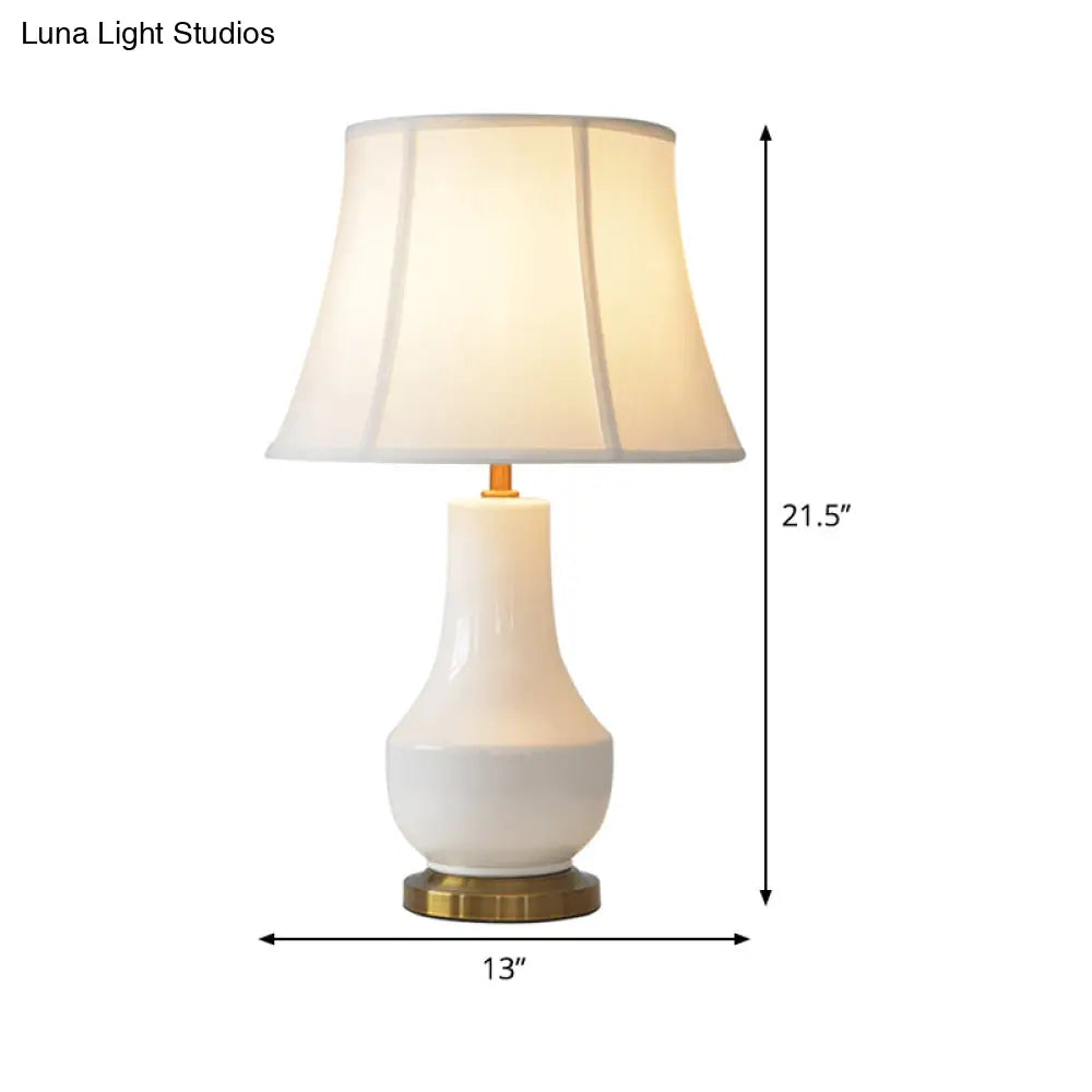 White Modern Bell Shape Desk Lamp With Ceramic Base - Fabric Shade 1 Bulb Table Light