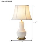 White Modern Bell Shape Desk Lamp With Ceramic Base - Fabric Shade 1 Bulb Table Light