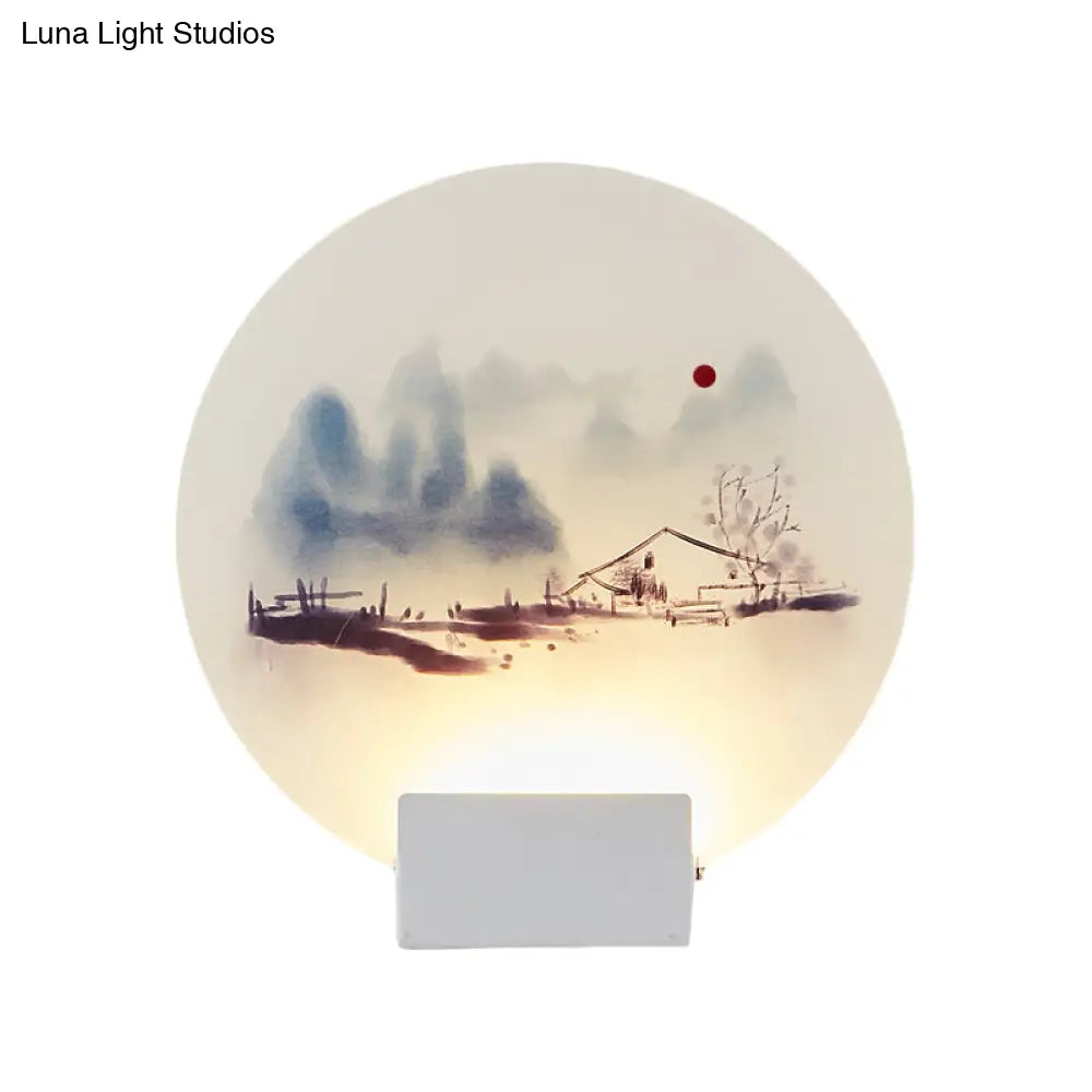 White Mountain Led Wall Light With Oriental Style Circular Mural