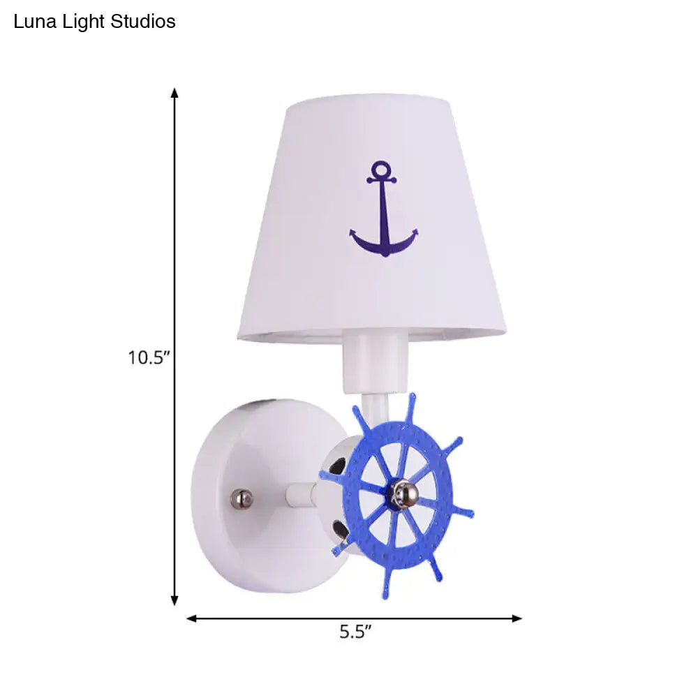 White Nautical Fabric Sconce Wall Light With Tapered Shade For Study Room