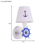 White Nautical Fabric Sconce Wall Light With Tapered Shade For Study Room