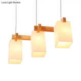 White Nordic Wooden Chandelier With Rectangle Glass Shades - Triple Light Linear Island Lighting For