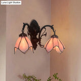 White/Pink Glass Copper Wall Light Sconce - Victorian Mount Lamp With Curved Arm