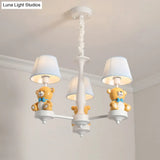 White Pleated Fabric Kids Bucket Chandelier With Decorative Bear Child Room Pendant Light