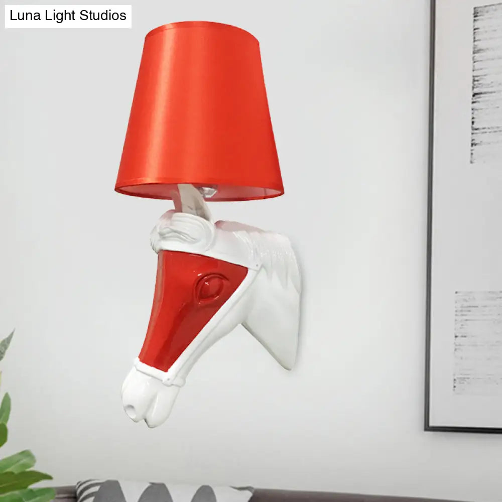 White/Red Tapered Sconce 1-Bulb Fabric Wall Mount For Bedroom Lighting