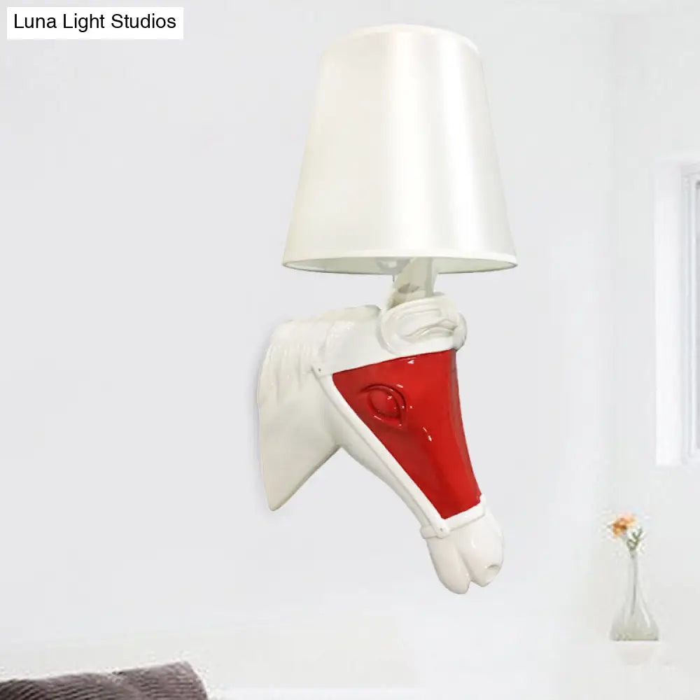 White/Red Tapered Sconce 1-Bulb Fabric Wall Mount For Bedroom Lighting