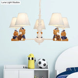 White Resin Bear Ceiling Lighting Chandelier With Fabric Shade - Cartoon-Inspired Light Fixture