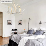 White Resin Hanging Chandelier Candle Pendant Light For Bedroom - 4/8 Bulbs Traditional Fixture