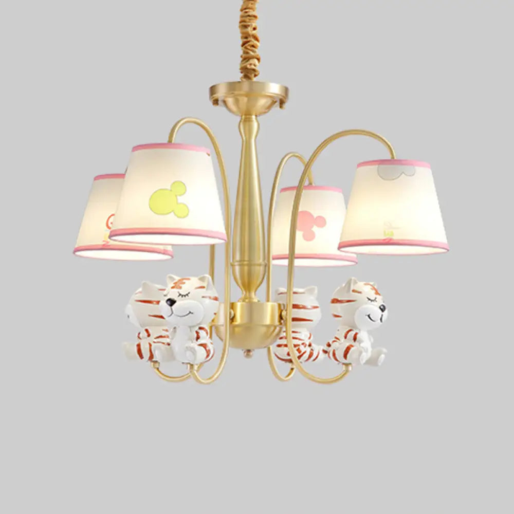White Resin Nursery Chandelier With Animal Suspension Light & Empire Shade For Kids 4 / Tiger