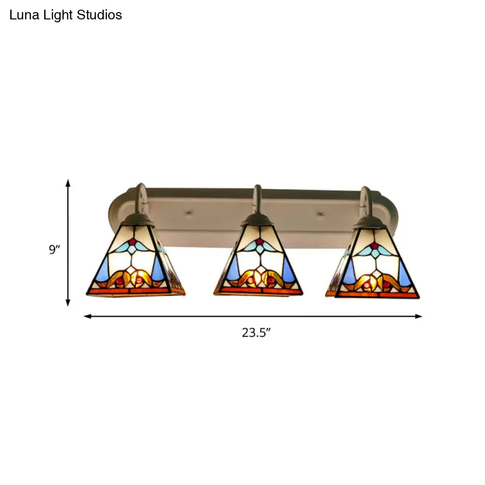 White Stained Glass Sconce Lighting - Tiffany Pyramid 3-Head Wall Fixture