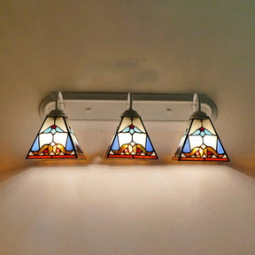 White Stained Glass Sconce Lighting - Tiffany Pyramid 3-Head Wall Fixture