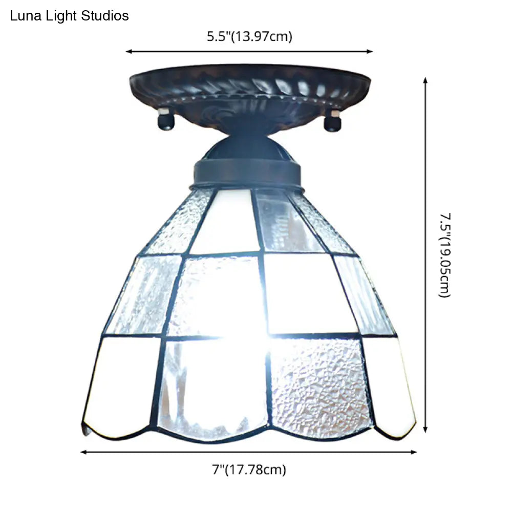 White Stained Glass Tiffany Semi Flush Mount Ceiling Light - 7 Inches Width Bedroom Lighting