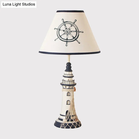 White Tapered Nightstand Lamp For Kids - 1-Light Fabric Table Lighting With Rudder/Lighthouse Base