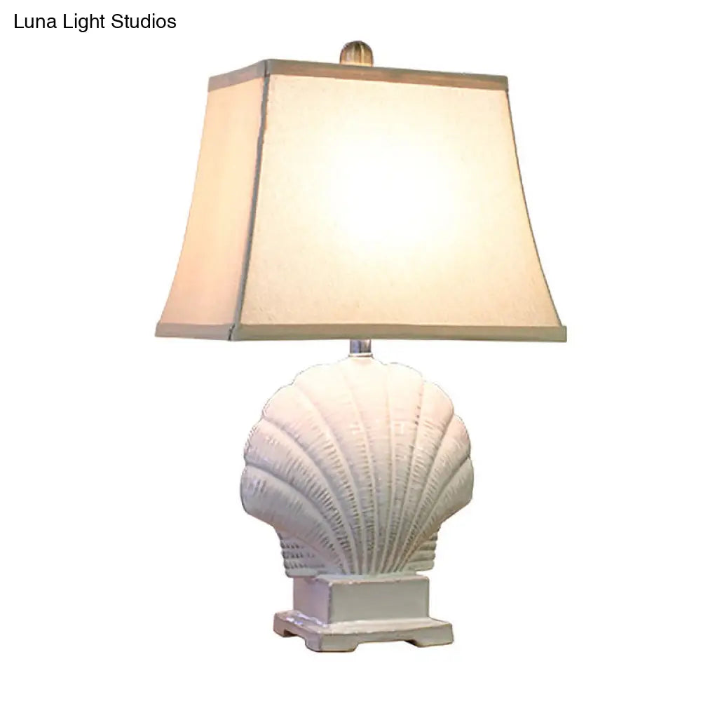 White Trapezoid Nightstand Lamp With Ceramic Base - Rustic Fabric Bedside Light