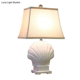 White Trapezoid Nightstand Lamp With Ceramic Base - Rustic Fabric Bedside Light
