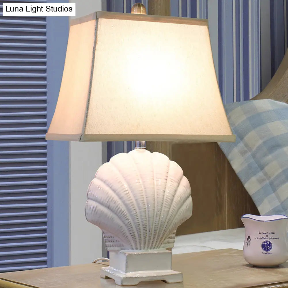 White Trapezoid Nightstand Lamp With Ceramic Base - Rustic Fabric Bedside Light