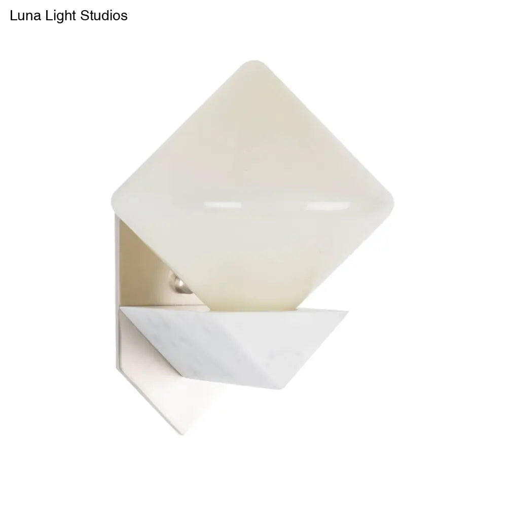 White Triangle Wall Mount Lighting Marble Sconce With Diamond Opal Glass Shade - Designer 1 Bulb