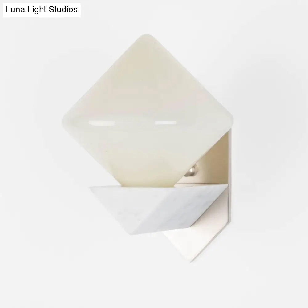 White Triangle Wall Mount Lighting Marble Sconce With Diamond Opal Glass Shade - Designer 1 Bulb