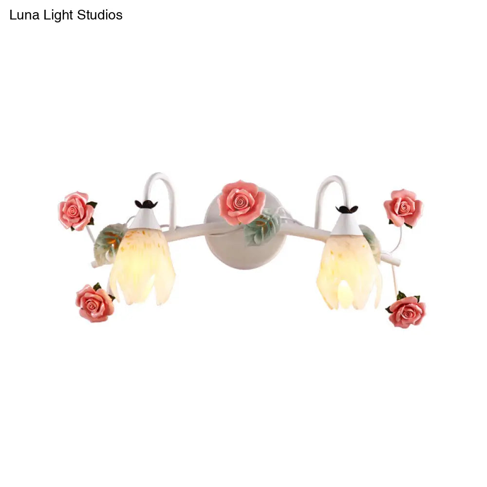 White Vanity Sconce With 2/3 Heads - Country Style Metal Rose Wall Lamp For Bathroom