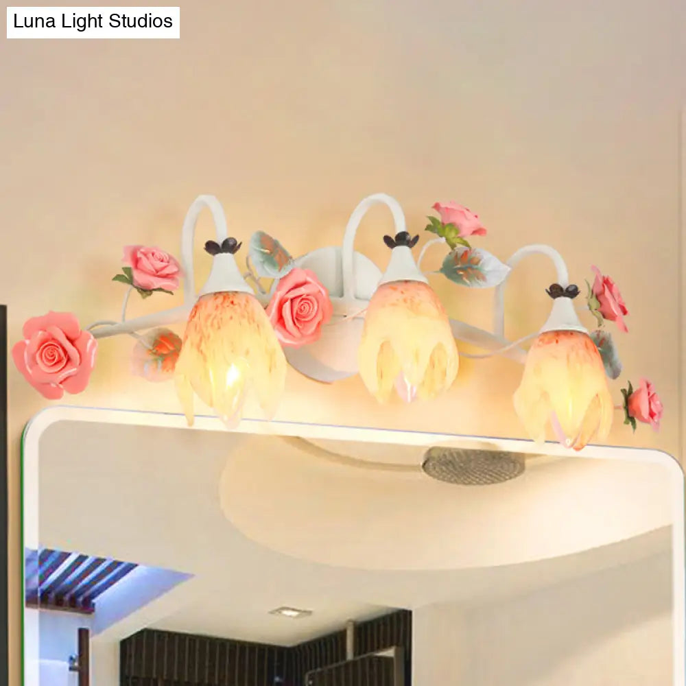 White Vanity Sconce With 2/3 Heads - Country Style Metal Rose Wall Lamp For Bathroom