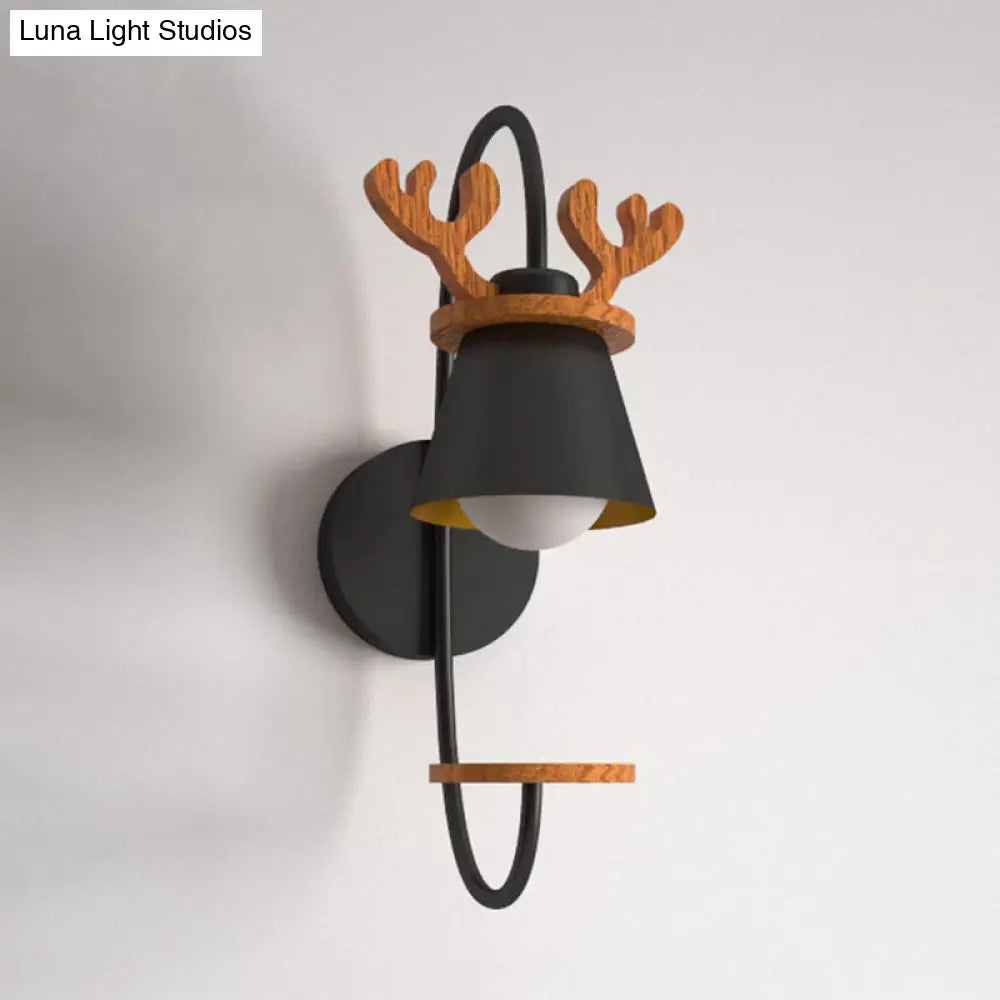 Wood Antler Design Nordic Cone Wall Light: 1-Bulb Black Iron Fixture