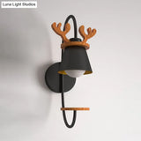 Wood Antler Design Nordic Cone Wall Light: 1-Bulb Black Iron Fixture
