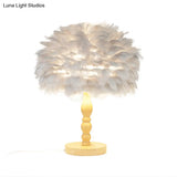 Wood Baluster Nightstand Lamp With Feather Dome Shade Grey/White