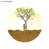 Wood Elk Deer And Tree Pattern Led Bedside Wall Lamp - Minimalist Style With Metal Shade