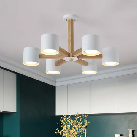 Wood & Iron Nordic Pendant Light With Drum Shade For Study Room In Black/White 6 / White