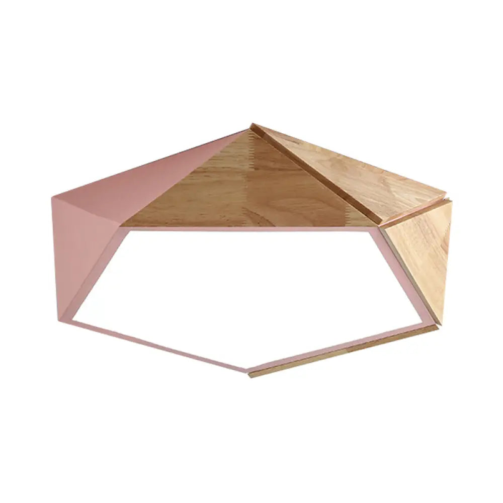 Wood Splicing 3D Pentangle Led Flush Mount Ceiling Lamp In Macaron Pink/Green Warm/White Light