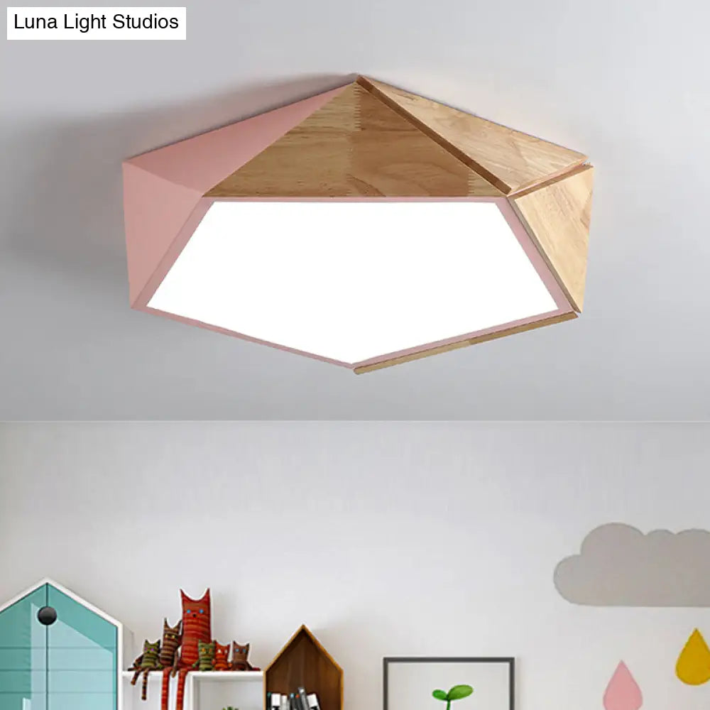 Wood Splicing 3D Pentangle Led Flush Mount Ceiling Lamp In Macaron Pink/Green Warm/White Light