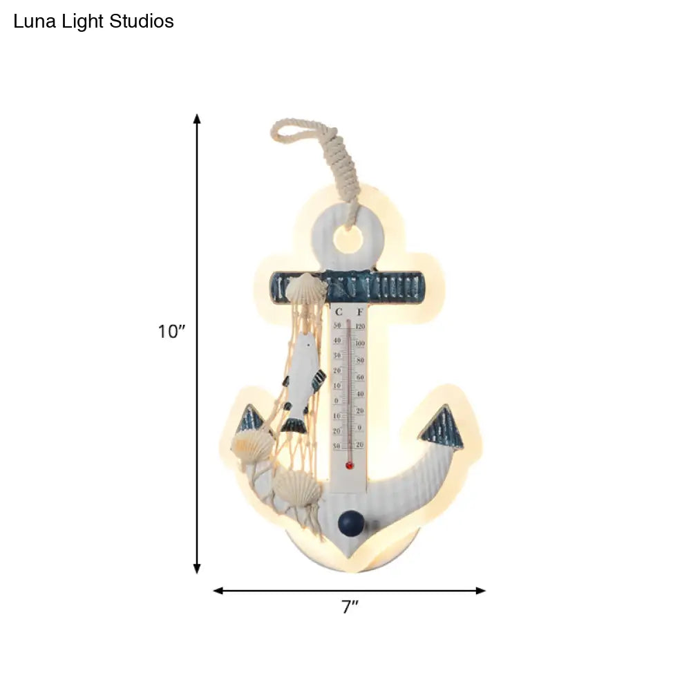 Wooden Anchor Sconce Light: Led Blue-White Wall Mounted Lamp - Mediterranean Inspired Fixture
