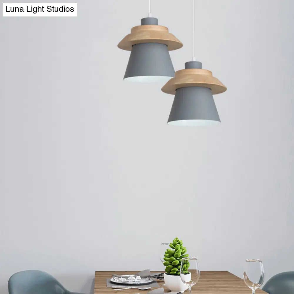 Wooden Asian Style Hanging Pendant Light For Stairways - Coolie Shade With Metal Accents