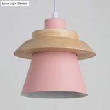 Wooden Asian Style Hanging Pendant Light For Stairways - Coolie Shade With Metal Accents