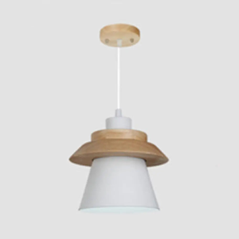 Wooden Asian Style Hanging Pendant Light For Stairways - Coolie Shade With Metal Accents White