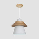 Wooden Asian Style Hanging Pendant Light For Stairways - Coolie Shade With Metal Accents White