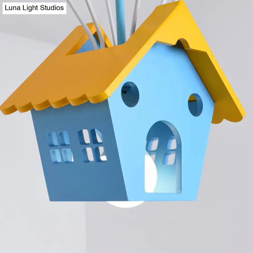 Wooden Balloon Cartoon Chandelier - Colorful 7-Head Pendant Light In Blue For Kids Room