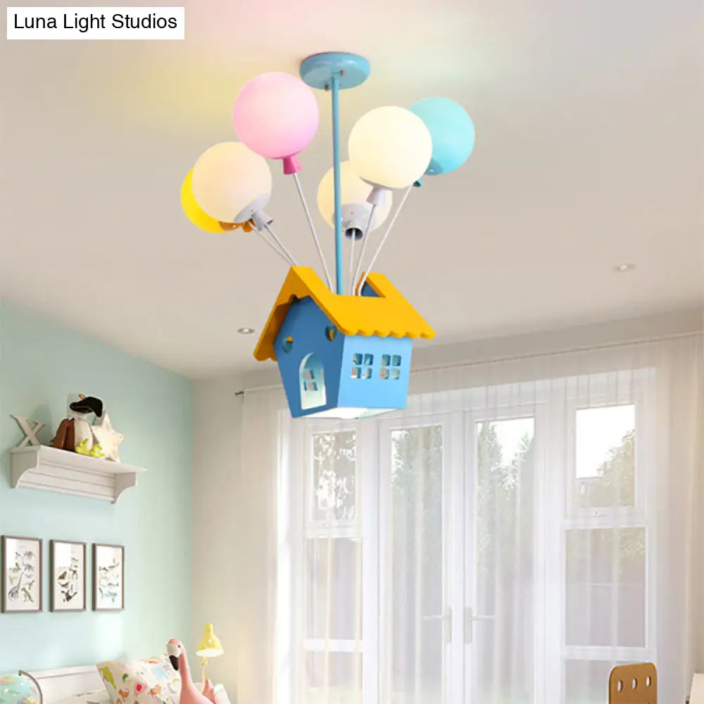 Wooden Balloon Cartoon Chandelier - Colorful 7-Head Pendant Light In Blue For Kids Room