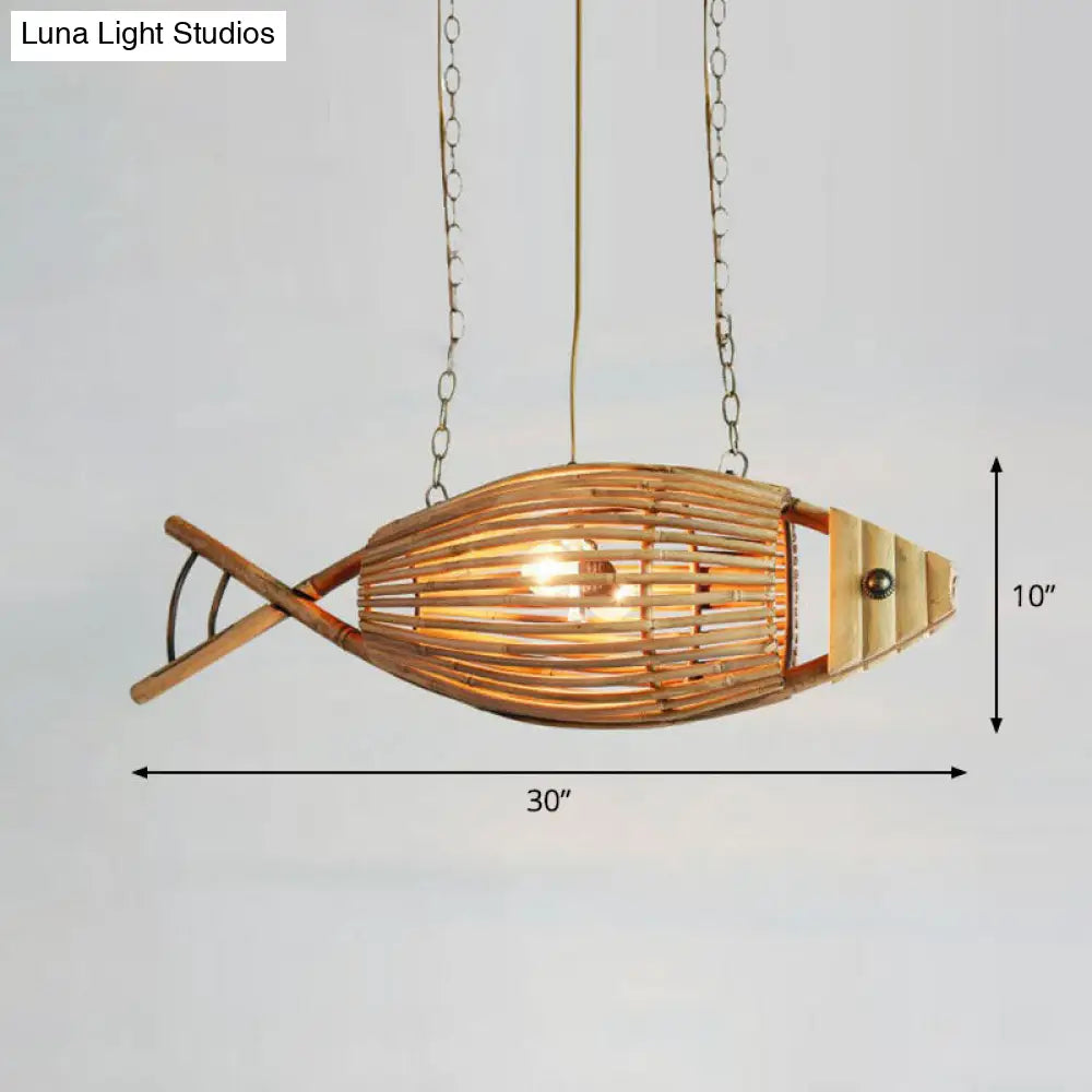 Wooden Bamboo Fish Chandelier - Asian Style Suspension Light For Restaurants