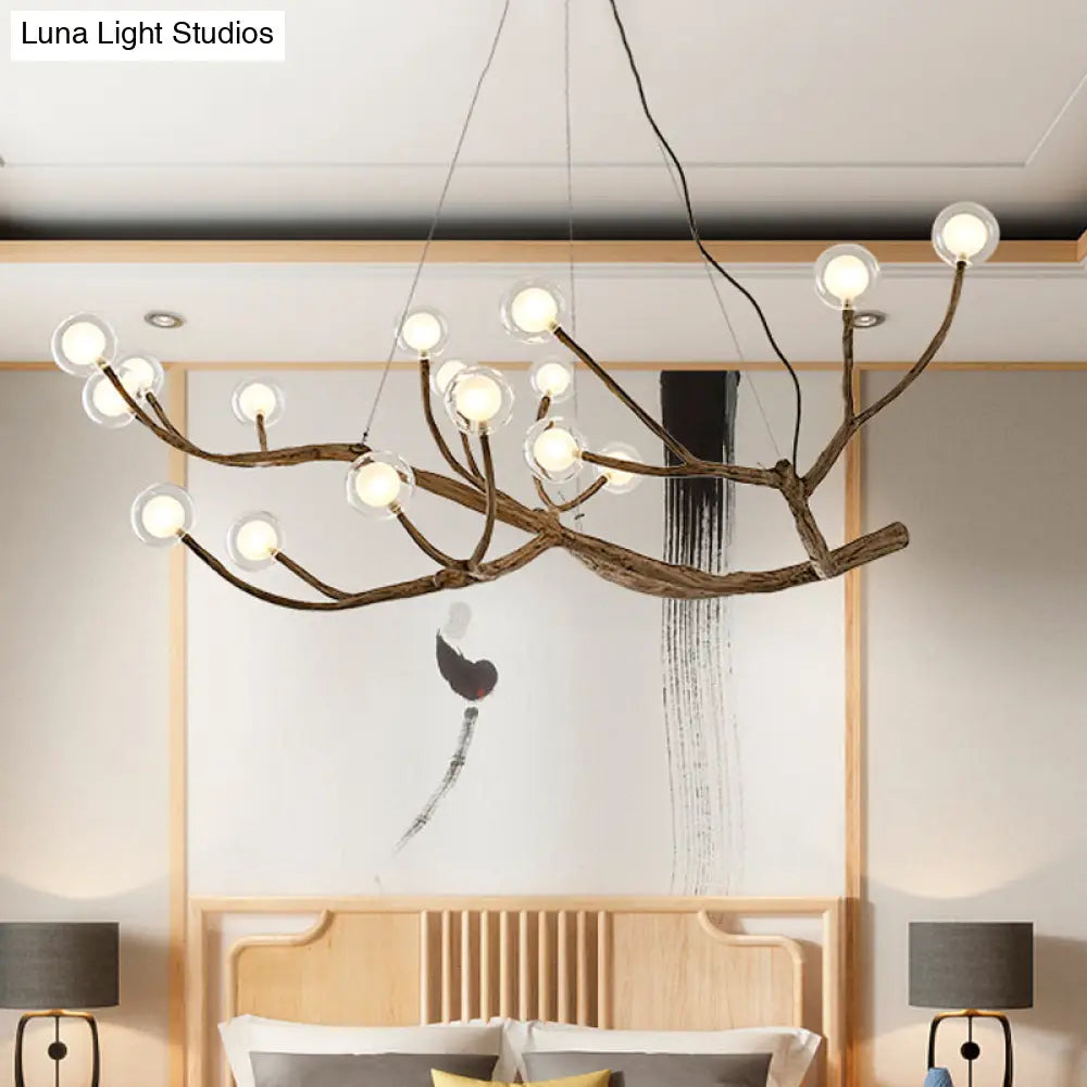 Wooden Branch Chandelier Lodge Style Ceiling Light With Glass Ball Shade - Warm/White 8/12/16 Lights