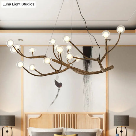 Wooden Branch Chandelier Lodge Style Ceiling Light With Glass Ball Shade - Warm/White 8/12/16 Lights