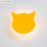 Wooden Cat Head Mini Wall Light: Cartoon Led Sconce In Pink/Blue/Yellow For Kinder Ready Room