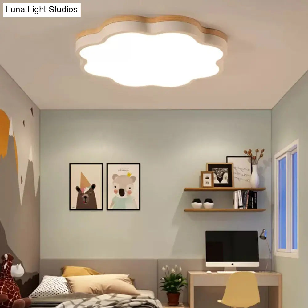 Wooden Ceiling Light With Floral Shade - Flush Mount For Kids Bedroom