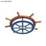 Wooden Led Blue Ceiling Light Fixture For Boys Bedroom - Rudder Flush Mount Lamp