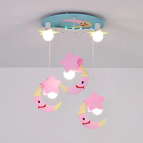 Wooden Moon And Star Semi Flush Mount Ceiling Light With Cartoon Design - 5 Blue/Pink Lights Pink