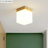 Wooden Nordic Semi Flush Ceiling Light With White Glass - Small Size