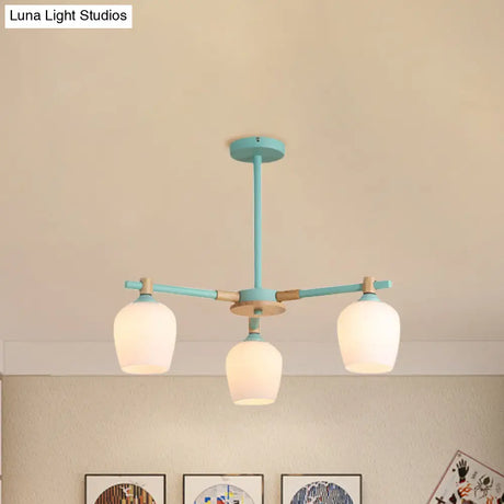 Wooden Nordic Style Chandelier With 3/6 Lights In Green/Gray/White For Living Room - Hanging Urn
