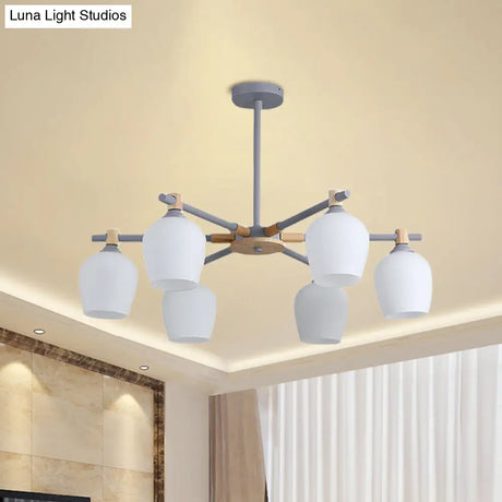 Wooden Nordic Style Chandelier With 3/6 Lights In Green/Gray/White For Living Room - Hanging Urn