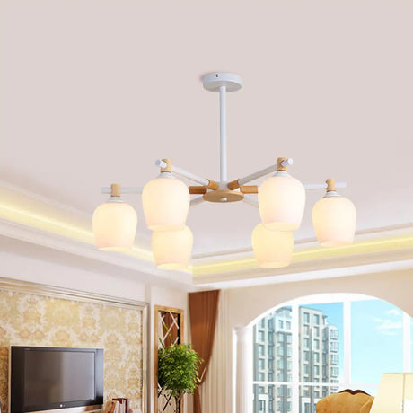 Wooden Nordic Style Chandelier With 3/6 Lights In Green/Gray/White For Living Room - Hanging Urn